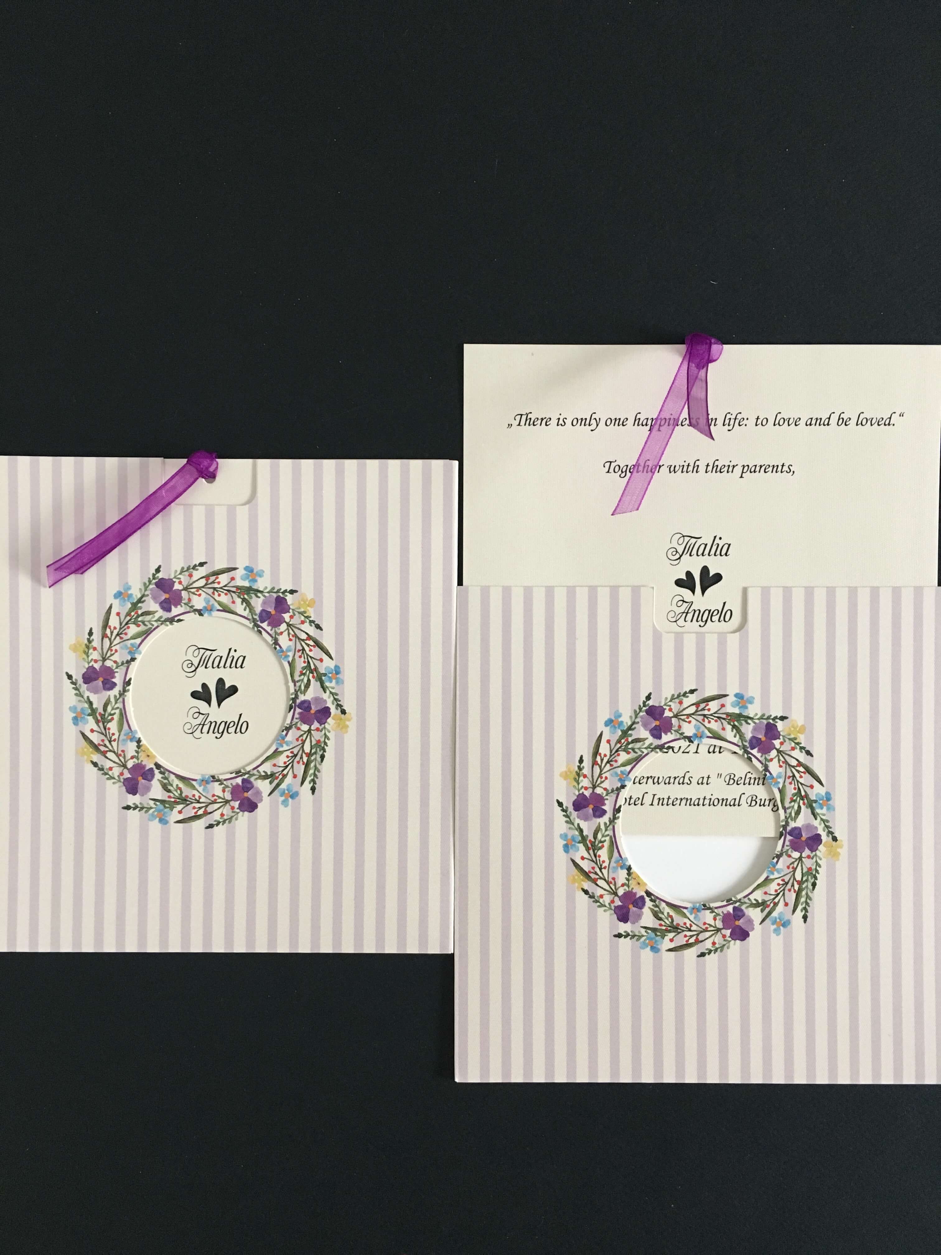 lilac and pink wedding invitations with ribbon